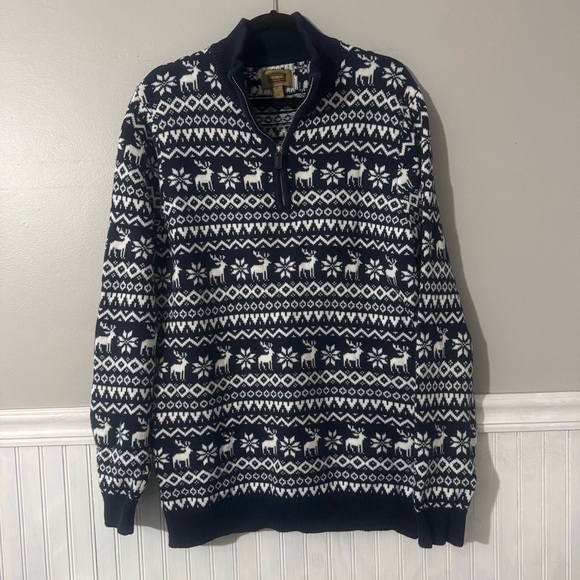 The Foundry Supply Co 1/4 Zip Sweater Deer & Snowflake Navy & White Men’s LT - Picture 1 of 8